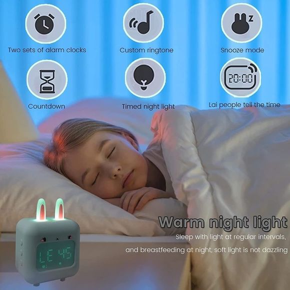 Pink Light Up Smart Rabbit Ears LED  Music Alarm Clock,Multi-Functional For Kids - Picture 14 of 16